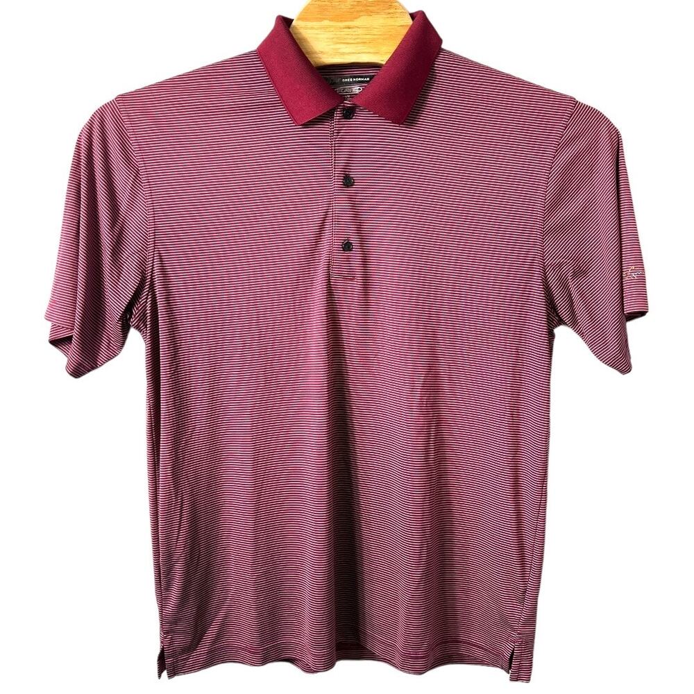 Greg Norman Maroon & White Striped Polo - Size Large